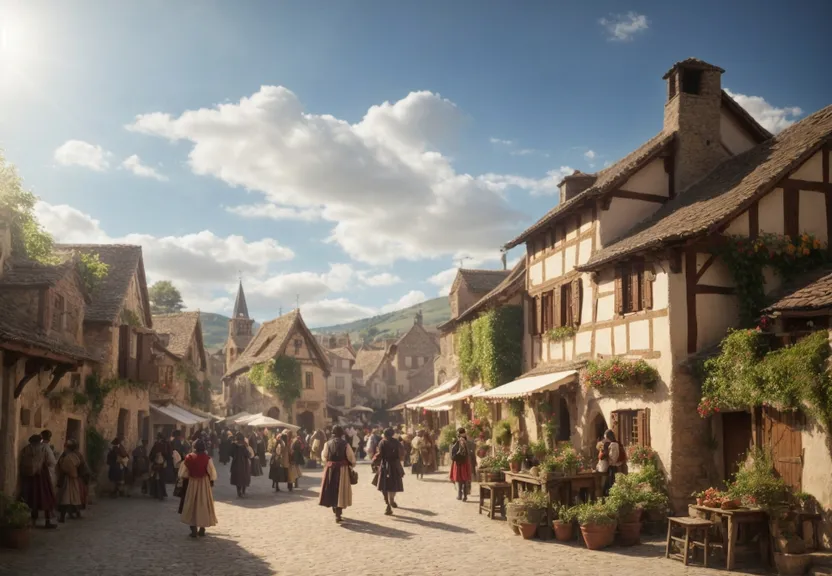 a group of people walking down a cobblestone street