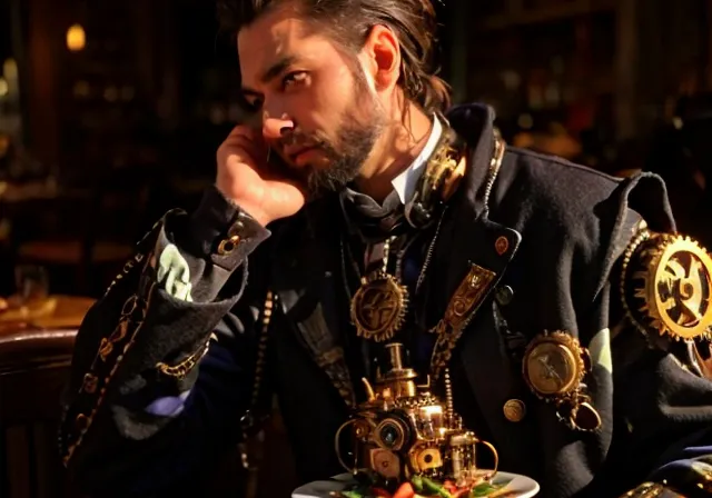 a man in a uniform sitting at a table with a plate of food