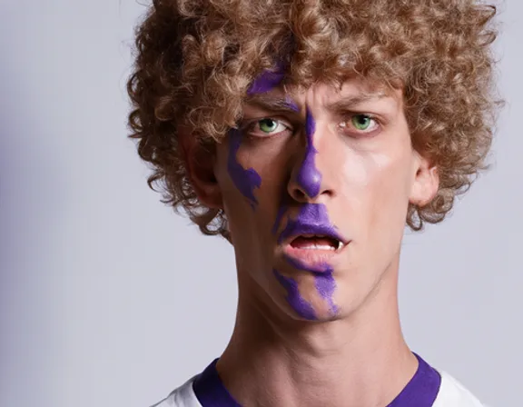 a man with a purple face paint on his face