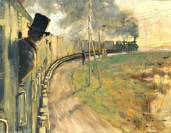 a painting of a man in a top hat looking out of a train