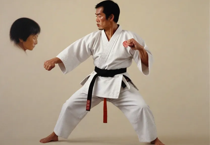 a man in a karate stance with a woman in the background