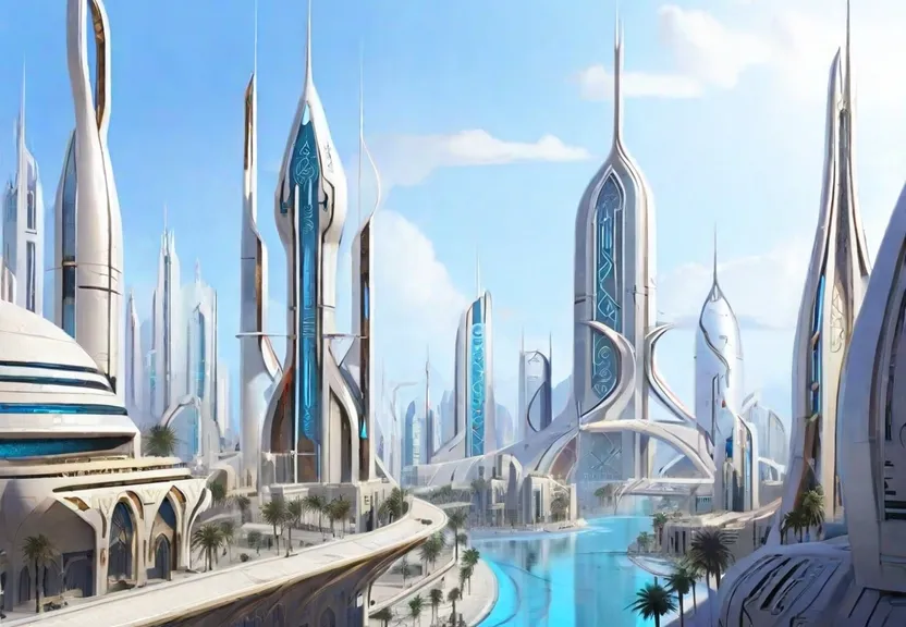 a dystopian futuristic city with a river running through it