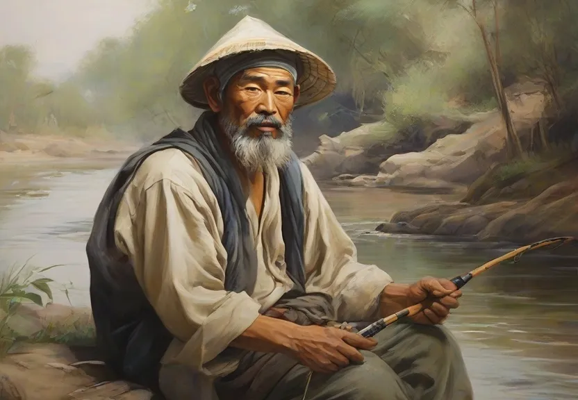 a painting of a man with a fishing pole