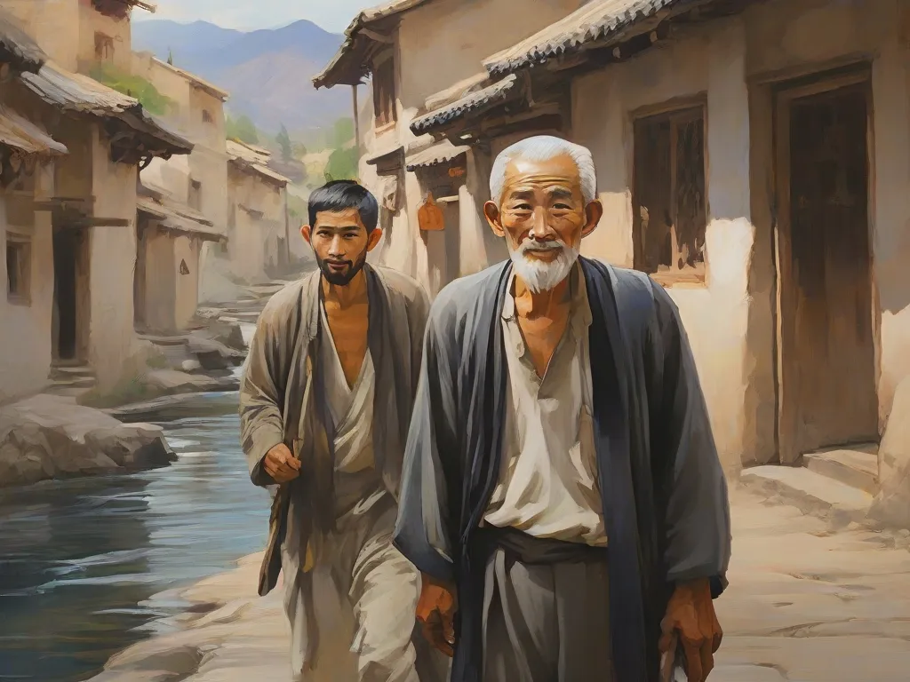 
As if painted in oil, he draws a young man of 20 years old walking next to an old oriental man with a short beard talking, inside a village with water and mountains.