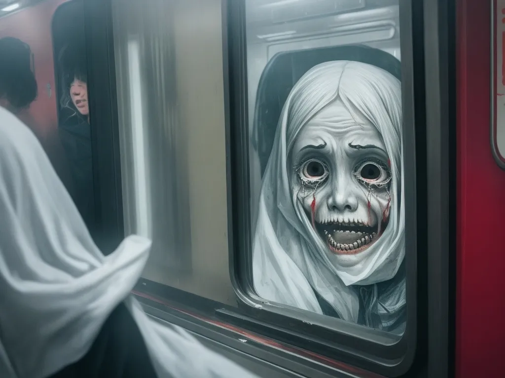 a painting of a woman in a nun costume looking out a train window