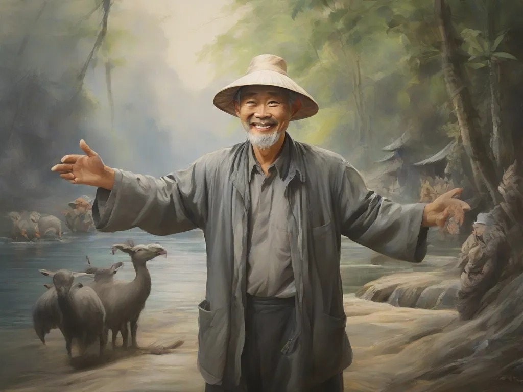 a painting of a man standing in front of a painting of animals