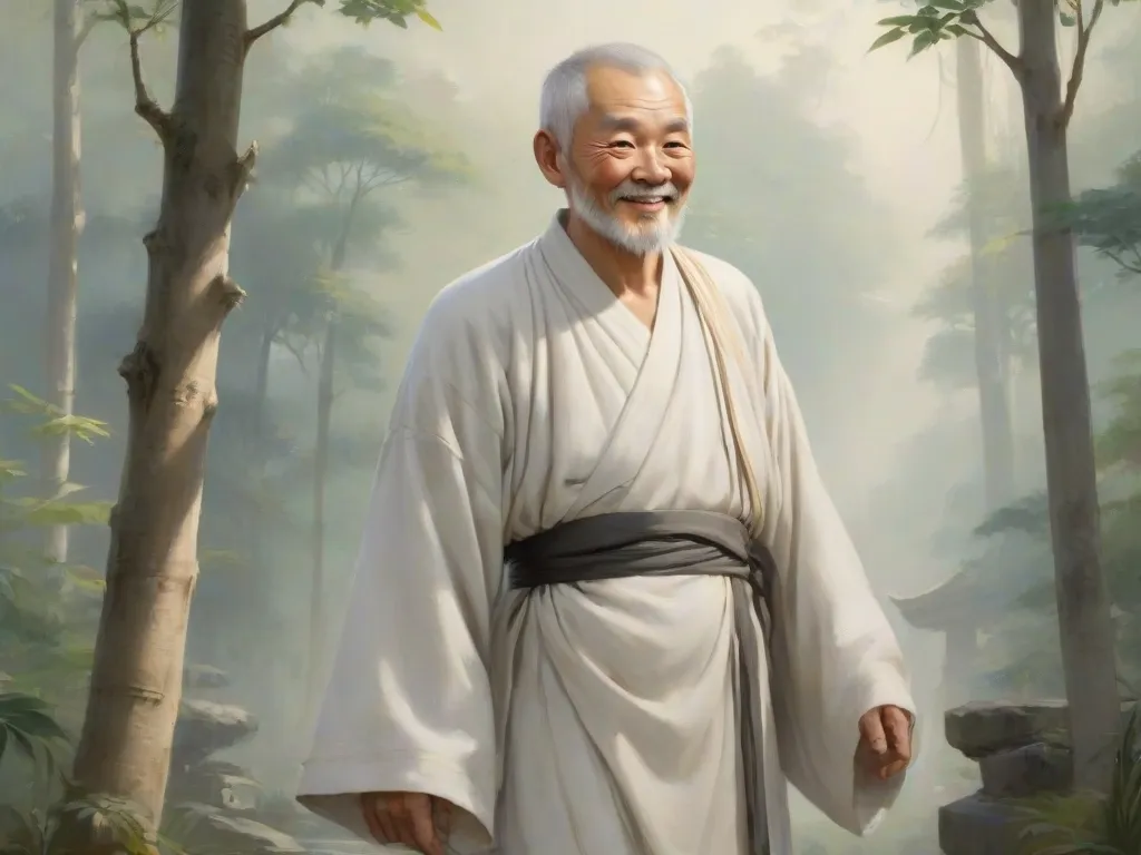 Asian old man from the front smiling and nodding, in a forest