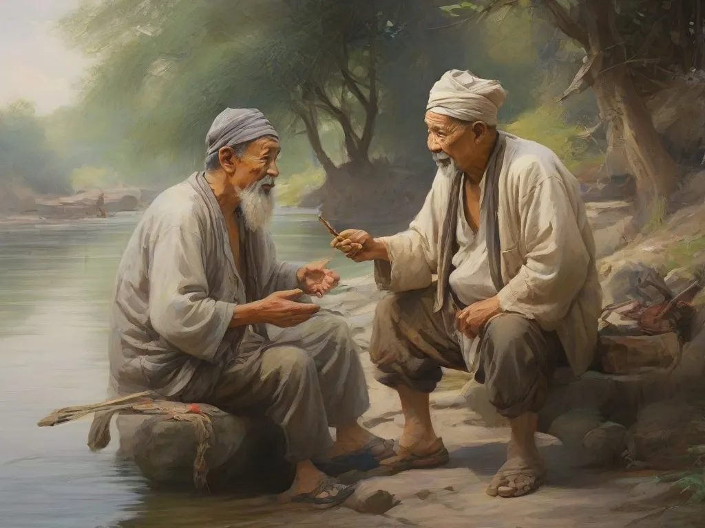 a painting of two men sitting next to each other