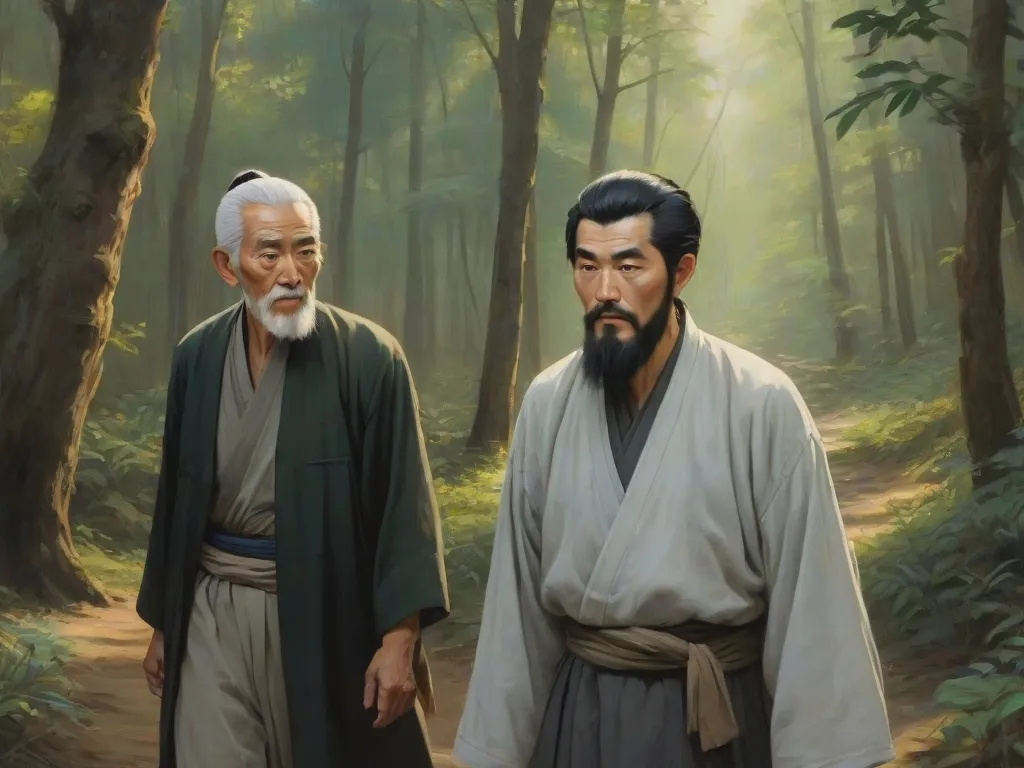 a painting of two men walking through a forest