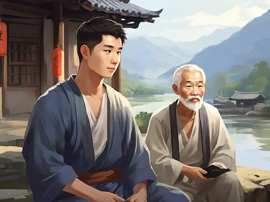 a paintAS IF IT WAS AN OIL INSTRUCTION, DRAW A 20 YEAR OLD CHINESE YOUNG MAN, WITHOUT A HAT AND SHORT BLACK HAIR, TALKING TO AN OLD MAN, WITH SHORT GRAY HAIR AND A SMALL BEARD, with a LIGHT COLORED toga ALSO according to his culture INSIDE A VILLAGE WHERE YOU CAN SEE A RIVER AND MOUNTAINS