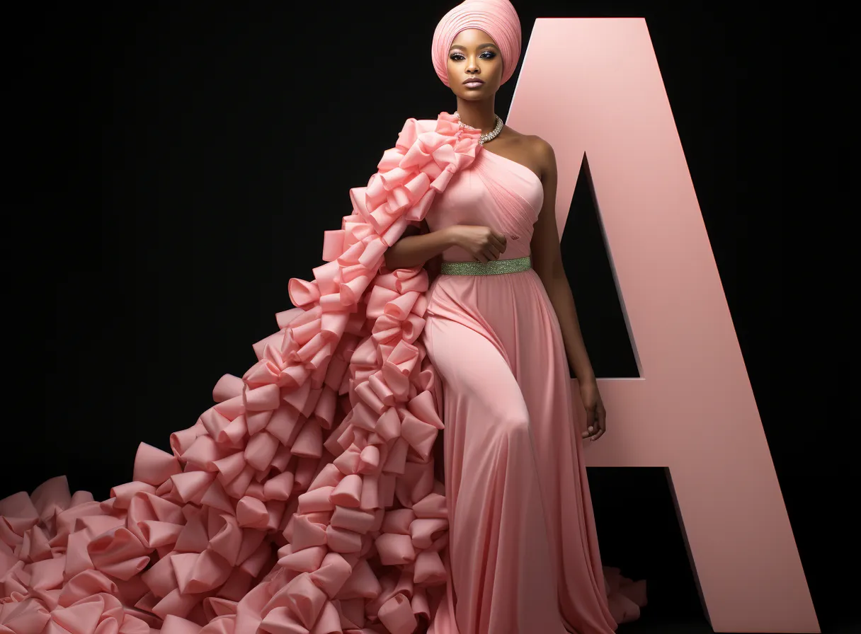 a woman in a pink dress standing next to a large letter