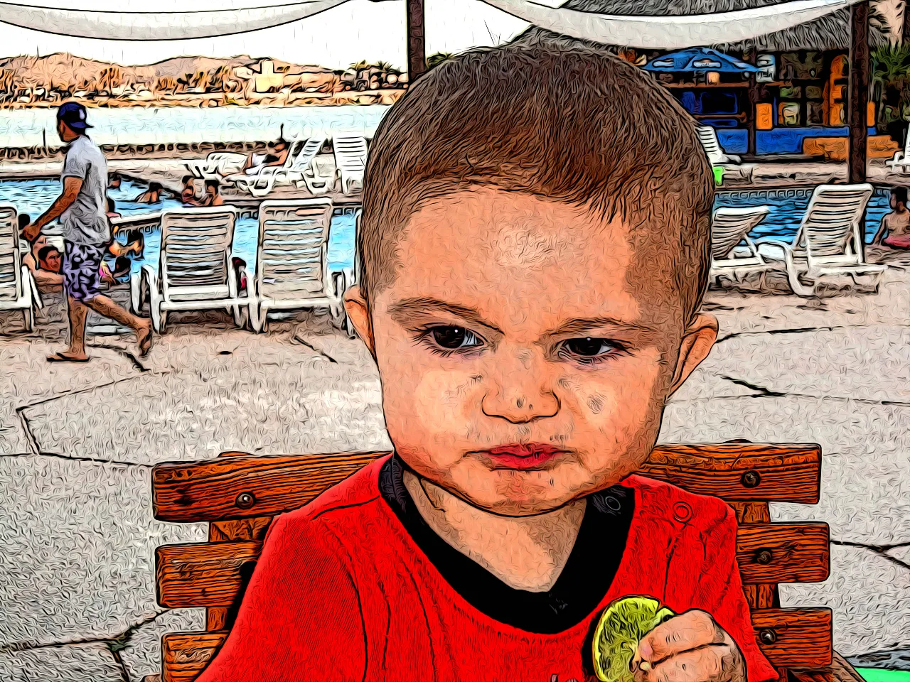 a drawing of a young boy sitting at a table with a lime in his hand