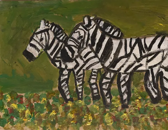 a painting of two zebras standing in a field. plant, zebra, organism, natural landscape, grass, terrestrial animal, art, painting, adaptation, grassland