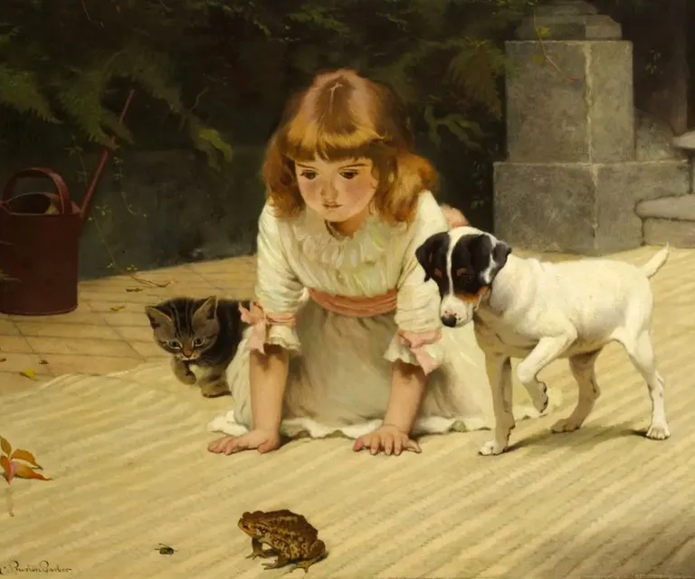 a painting of a little girl playing with two dogs