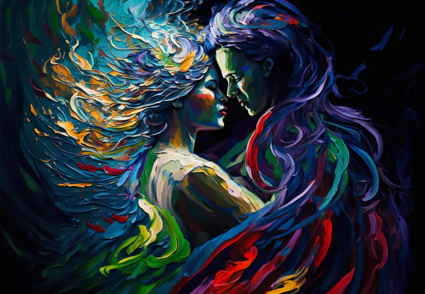 a painting of two people embracing each other