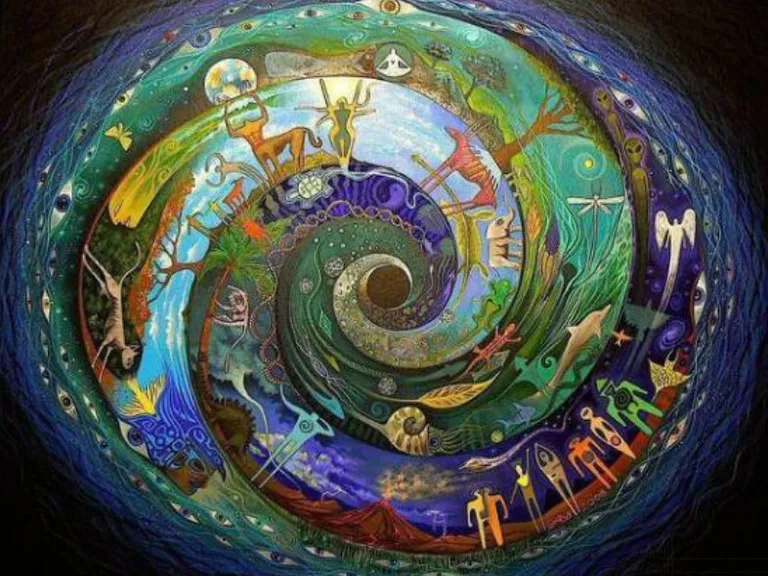 a painting of a spiral design with many different things on it