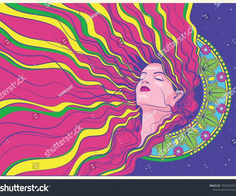 a woman's face with long hair in a psychedelic psychedelic style