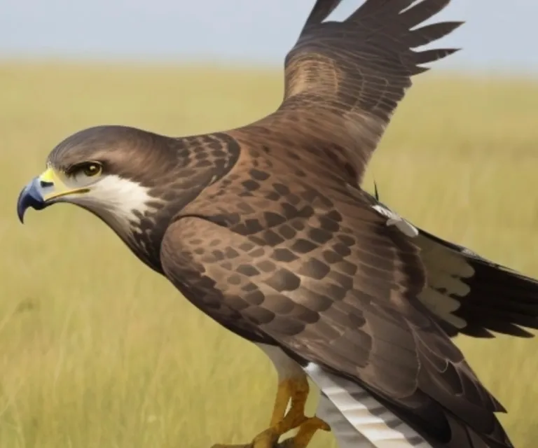 a large bird of prey standing in a field
