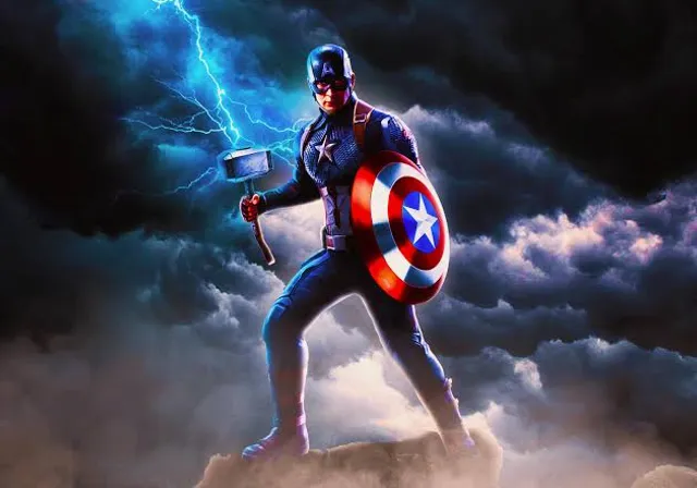 Caption America in a captain america costume holding a hammer