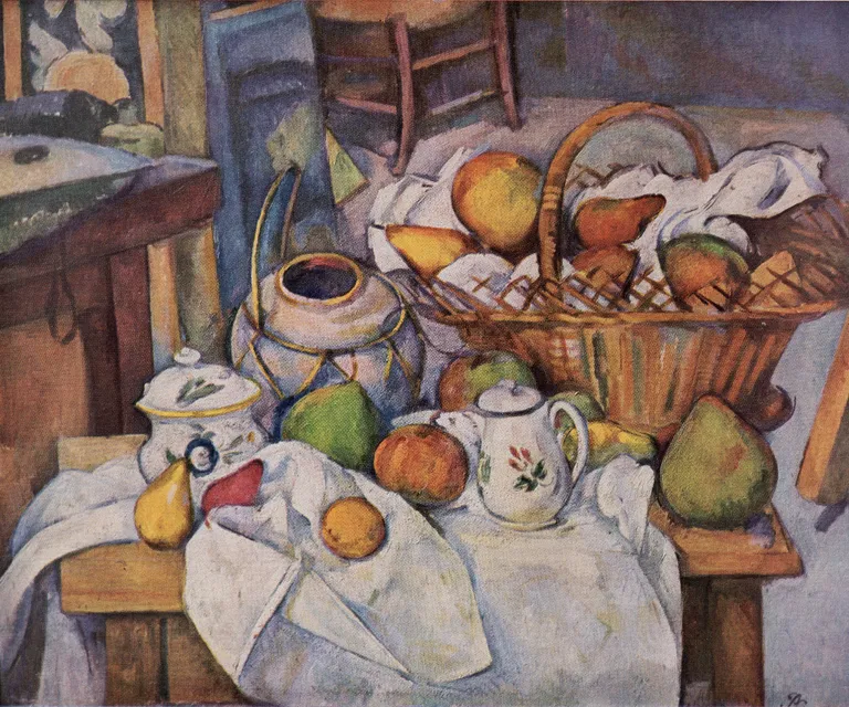 a painting of a basket of fruit on a table