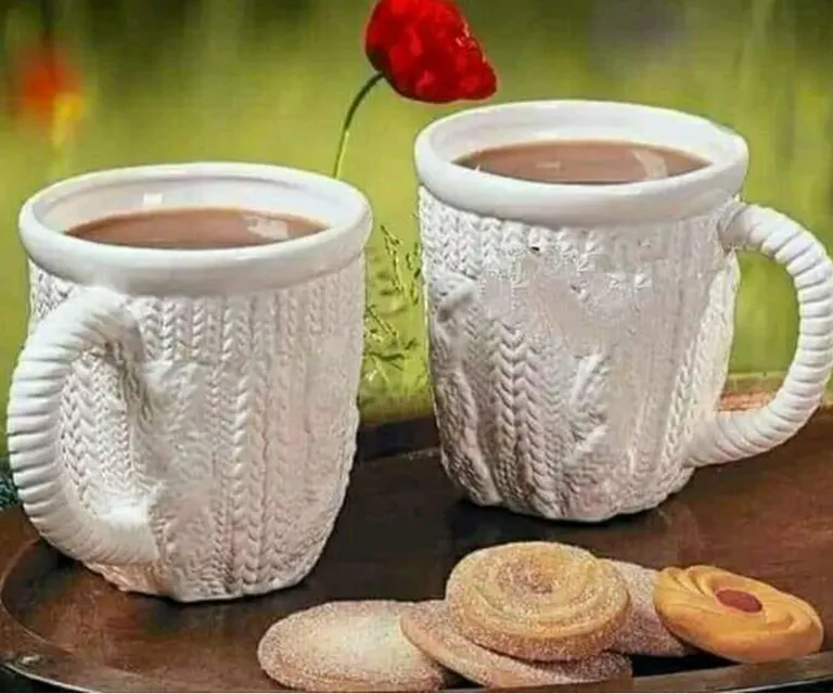 two mugs of hot chocolate with a red flower