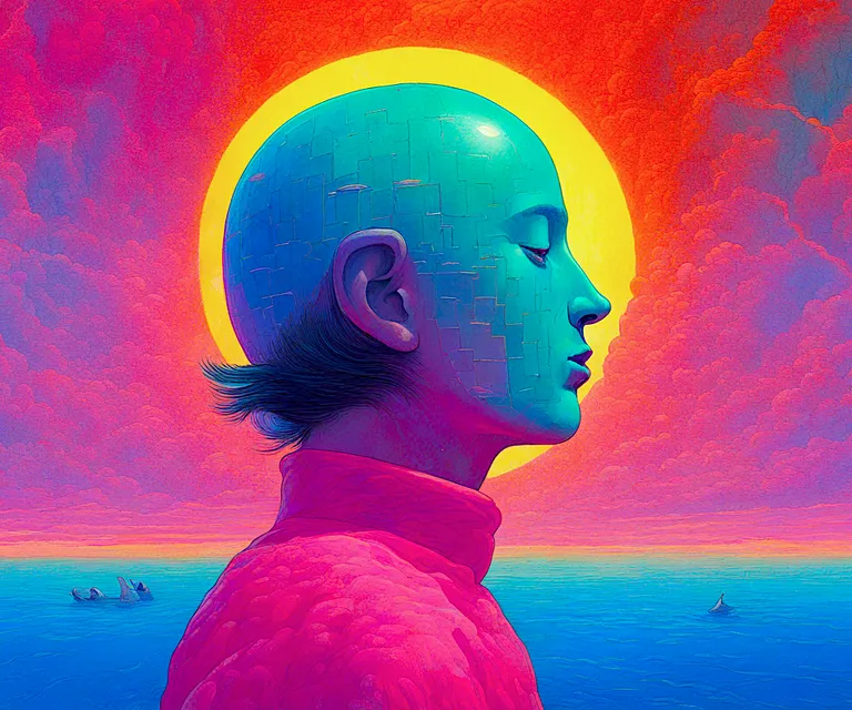 a painting of a man's head with the sun in the background