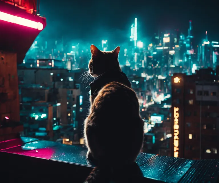 a cat sitting on a ledge looking at the city