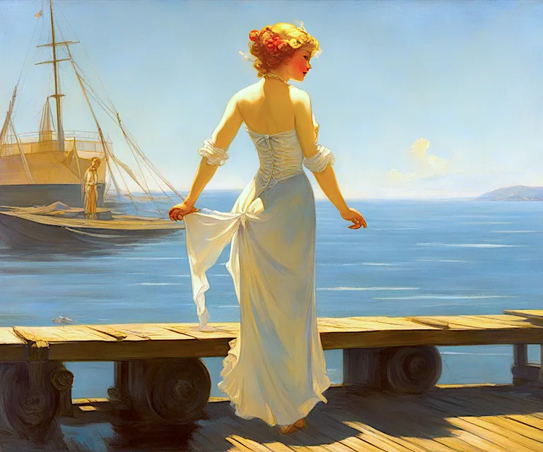 a painting of a woman standing on a pier