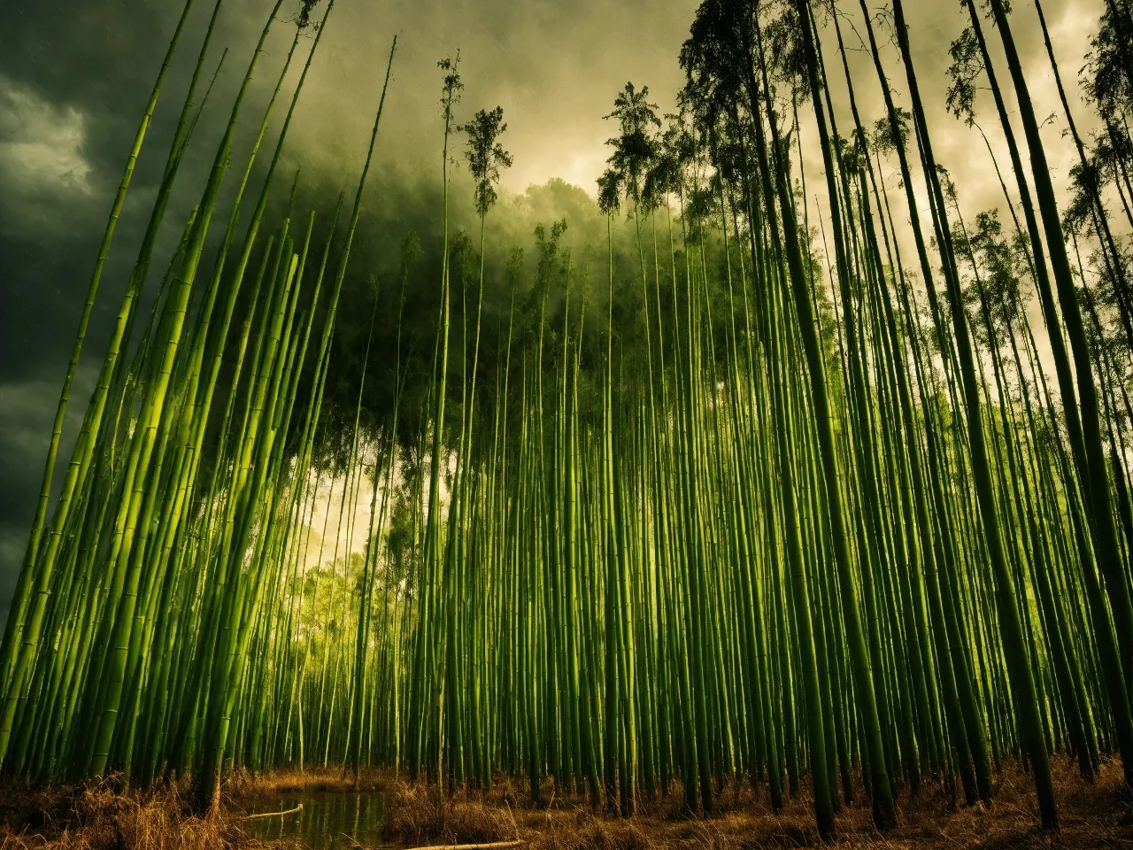 a forest of tall green bamboo trees under a cloudy sky