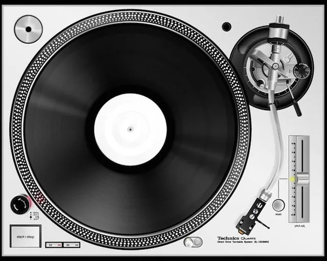 a turntable with a record player attached to it. photograph, font, circle, audio equipment, technology, dvd, electronic device, data storage device, monochrome, monochrome photography