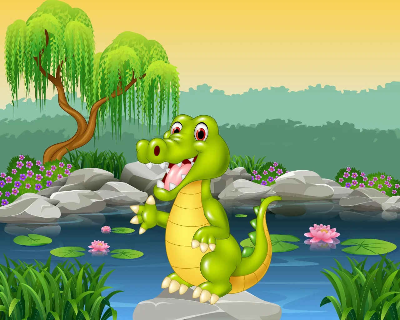 a cartoon alligator sitting on a rock by a pond