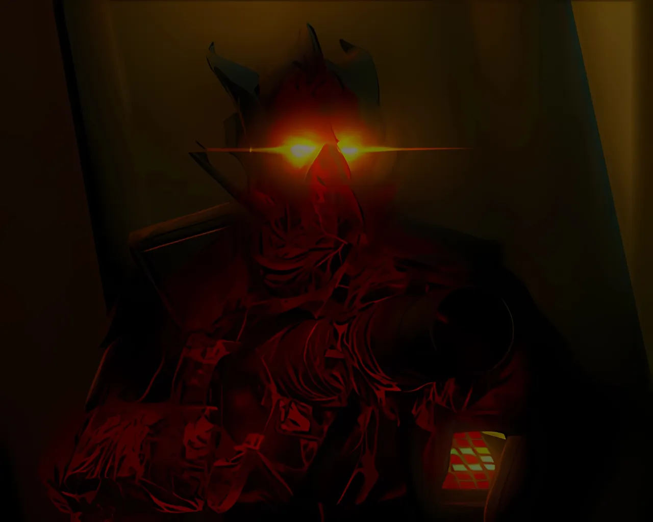 a trooper in a dark room with a red aura stands guard as purple light flashes in front of him