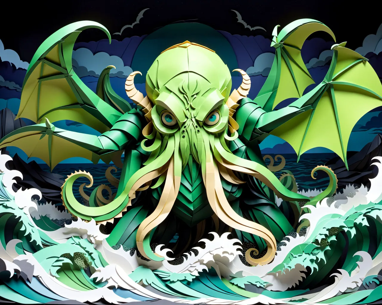 a paper sculpture of an cthulhu in the ocean