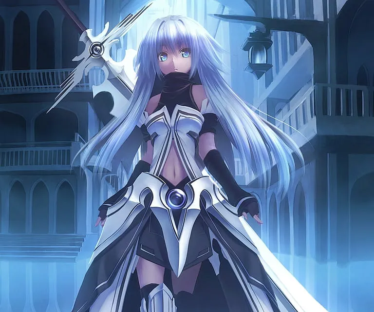 a woman with long white hair and a sword