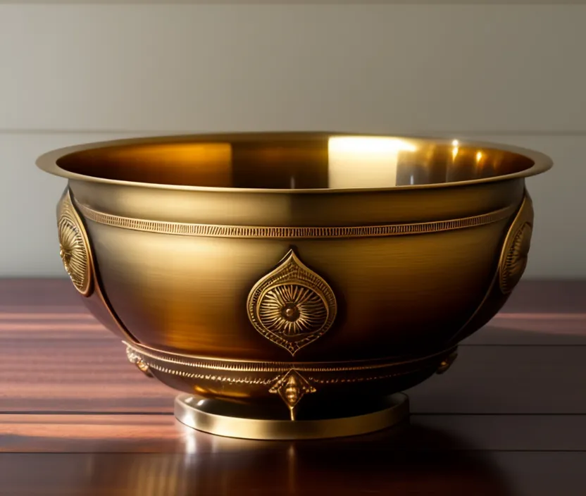 a golden bowl sitting on top of a wooden table