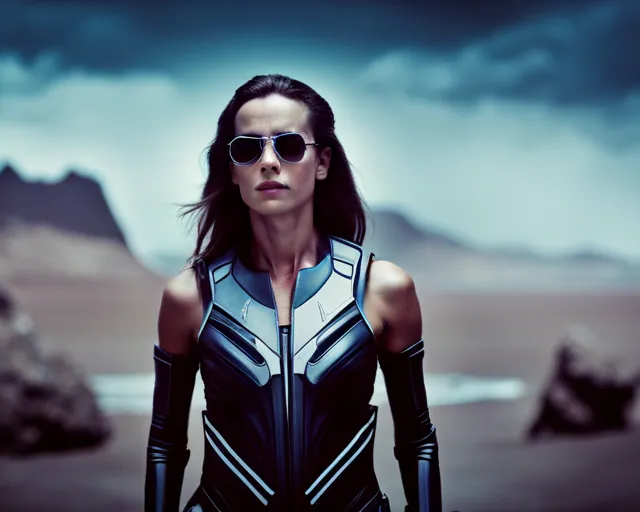 a woman in a futuristic suit and sunglasses