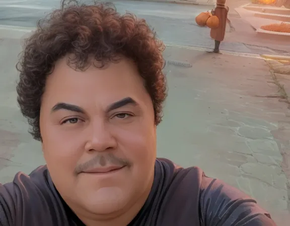 a man with curly hair and a moustache is taking a selfie