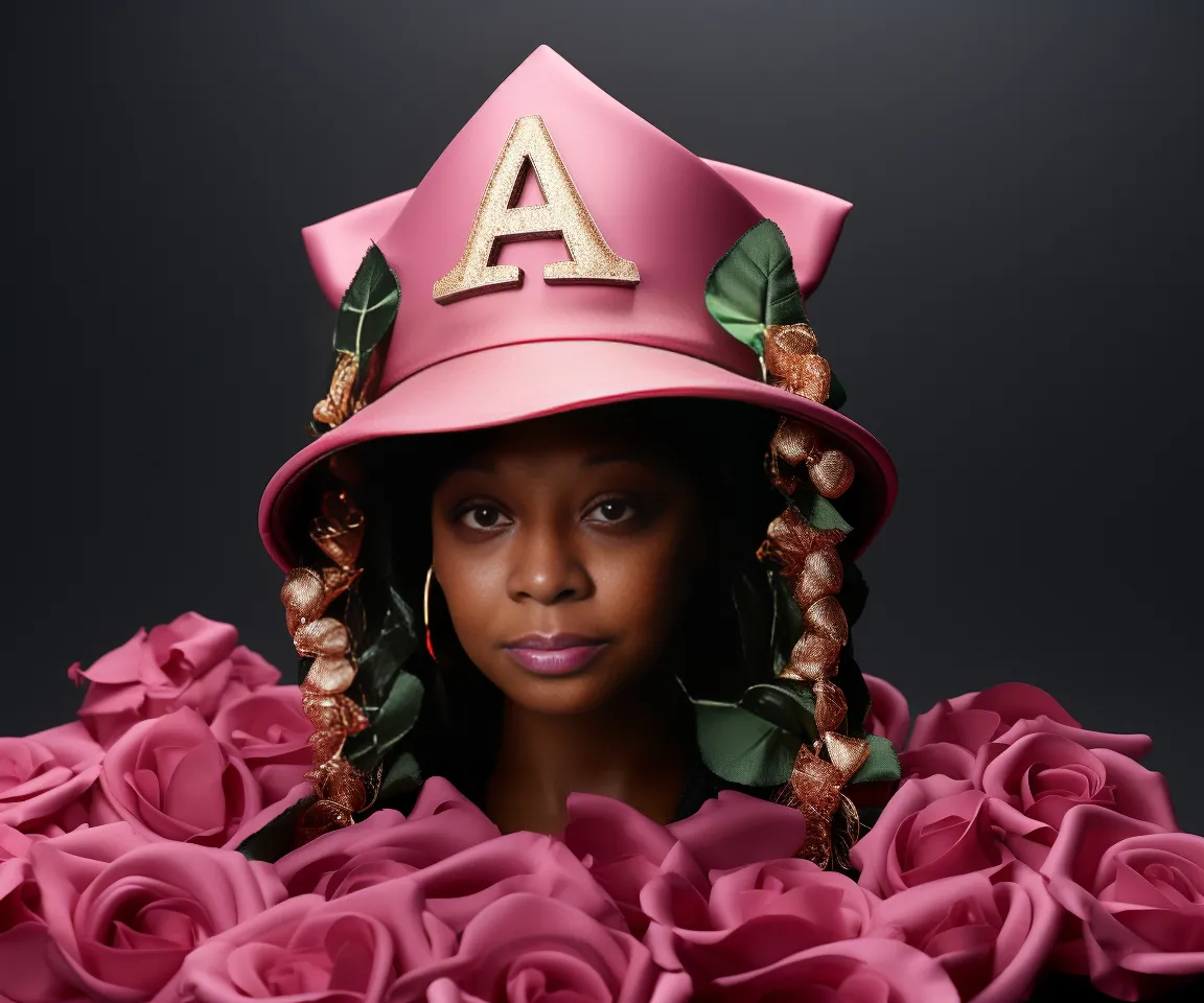 a woman wearing a pink hat surrounded by pink roses