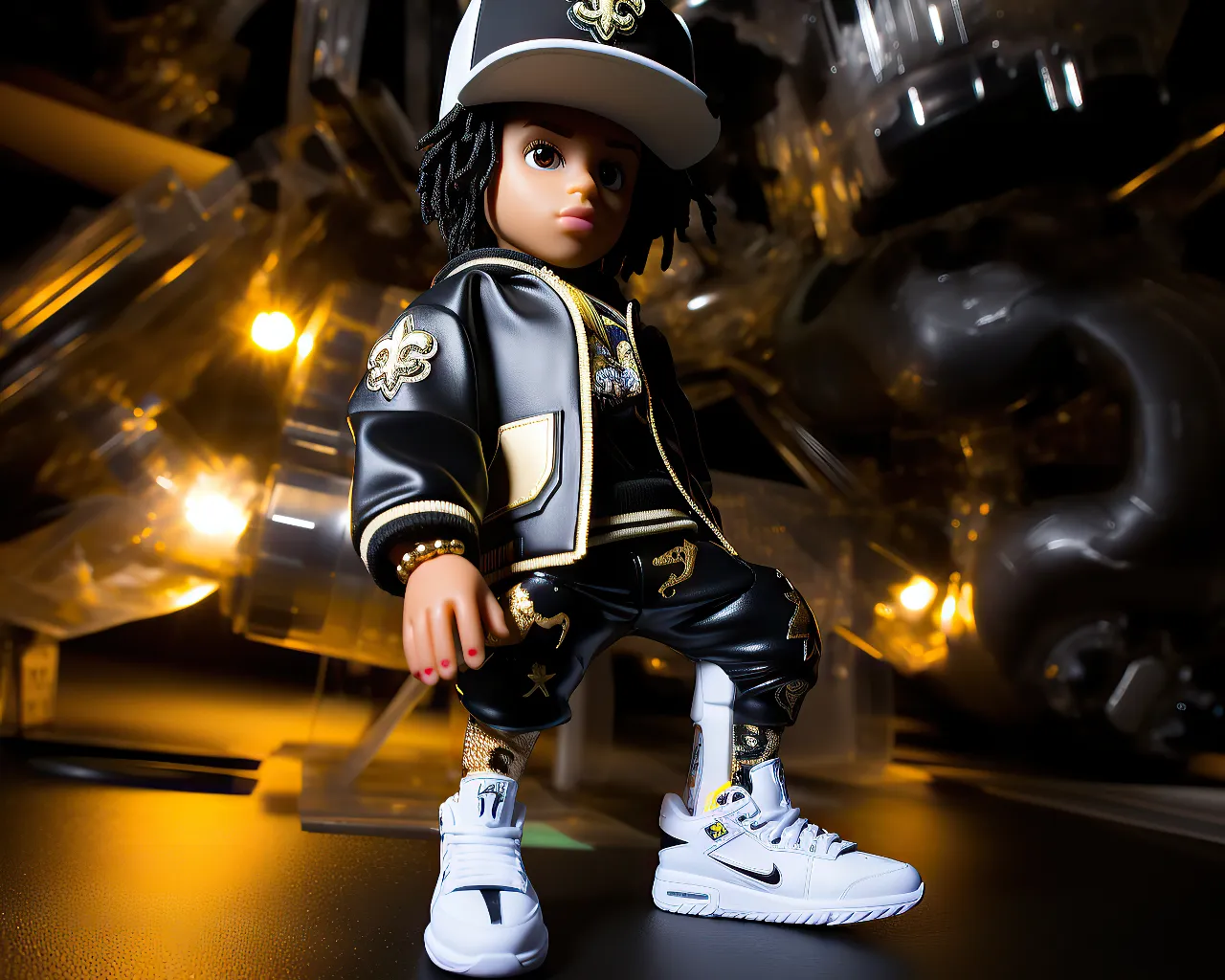 a doll is dressed in a black and gold outfit break dancing