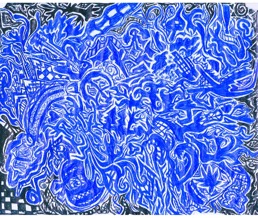 a drawing of blue and white swirls on a black and white background. rectangle, art, pattern, electric blue, symmetry, circle, font, visual arts, design, line art