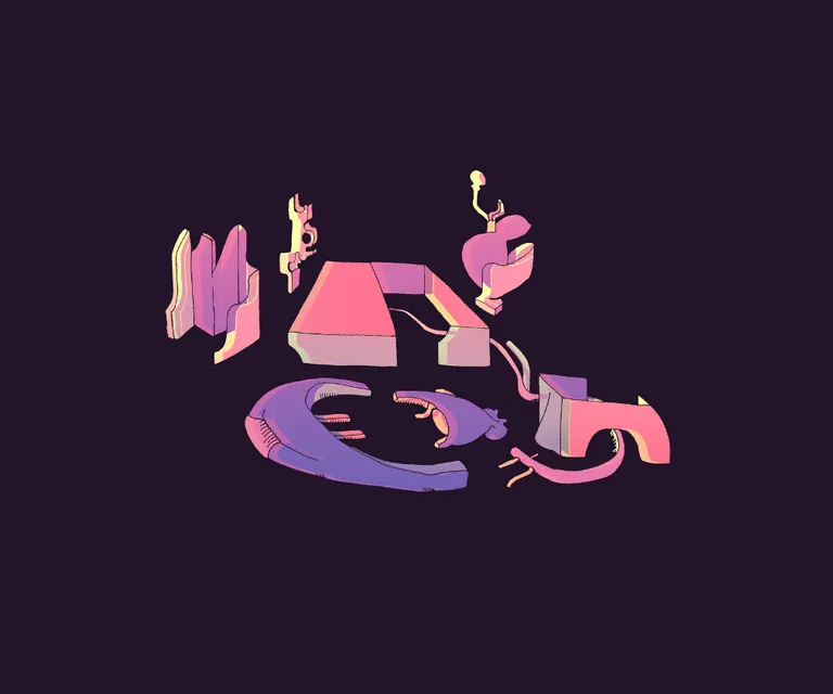 a purple and pink illustration of a person on a skateboard