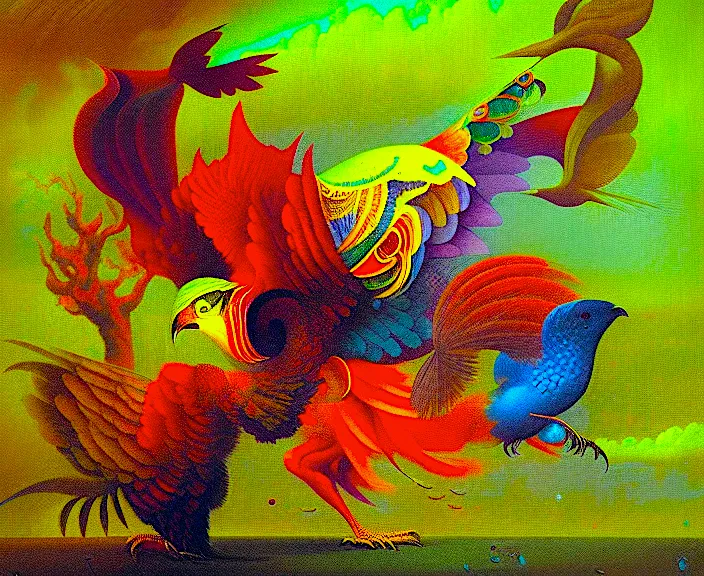 a painting of two colorful birds on a green background