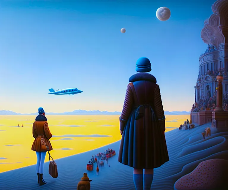 a painting of two people looking at an airplane