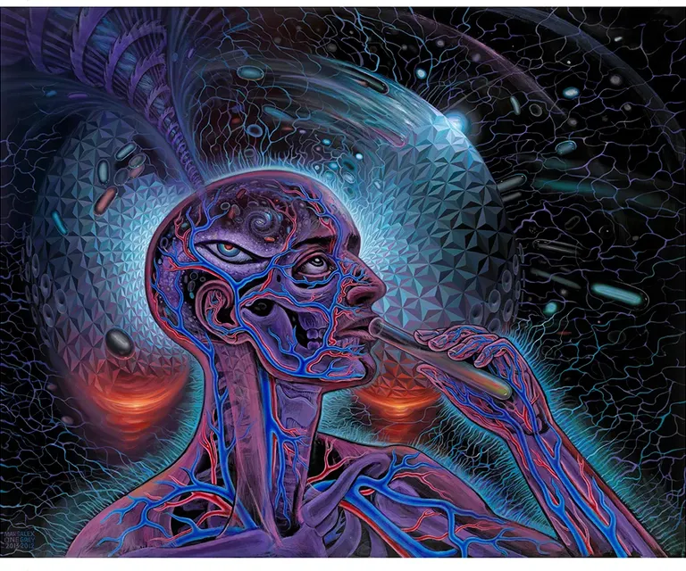 a painting of a person with a cell phone in his hand