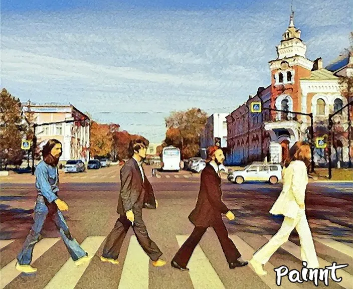 a painting of a group of people walking across a street