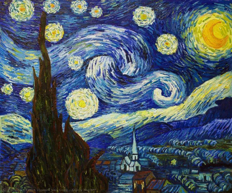 a painting of a starry night with a church in the foreground