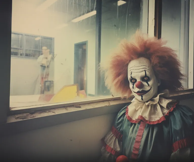 a creepy clown looking out of a window