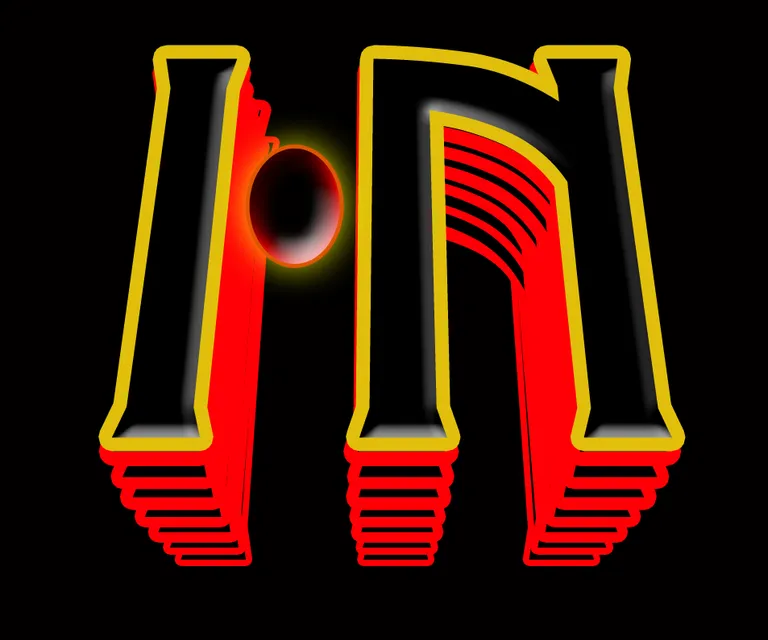a red and yellow logo with a black background