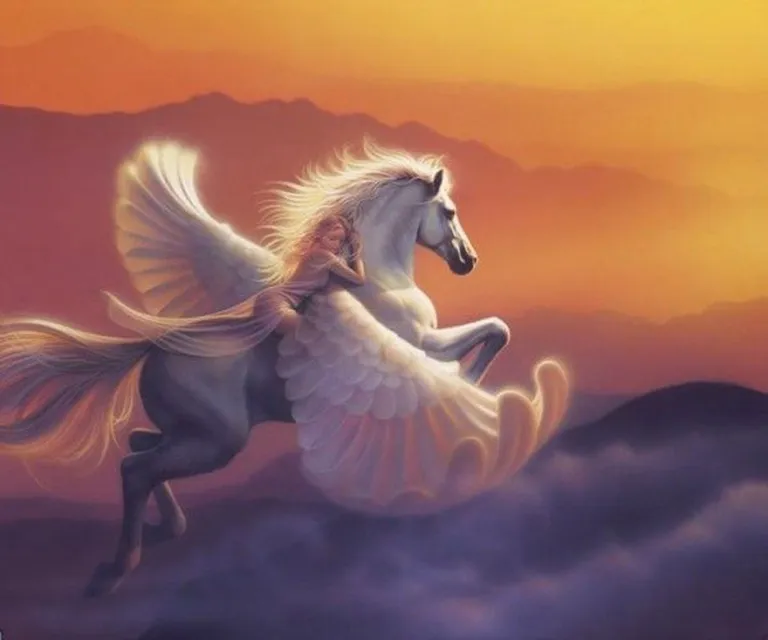 a painting of a white horse flying in the sky