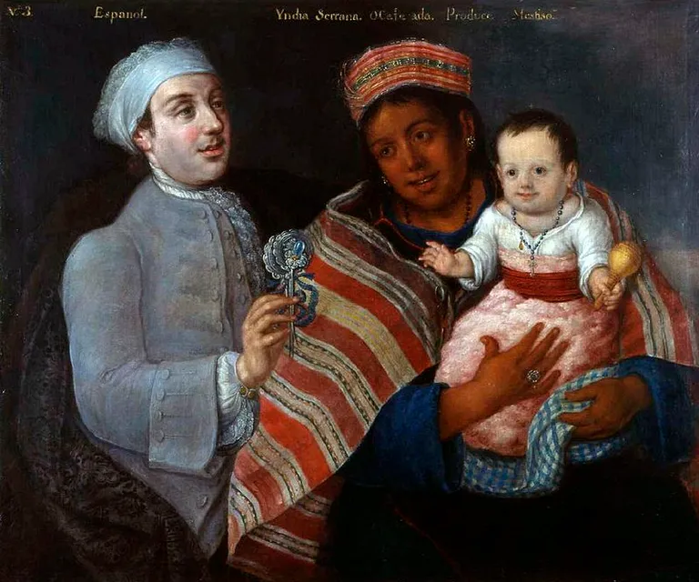 aztec native american man, white woman and mestizo baby